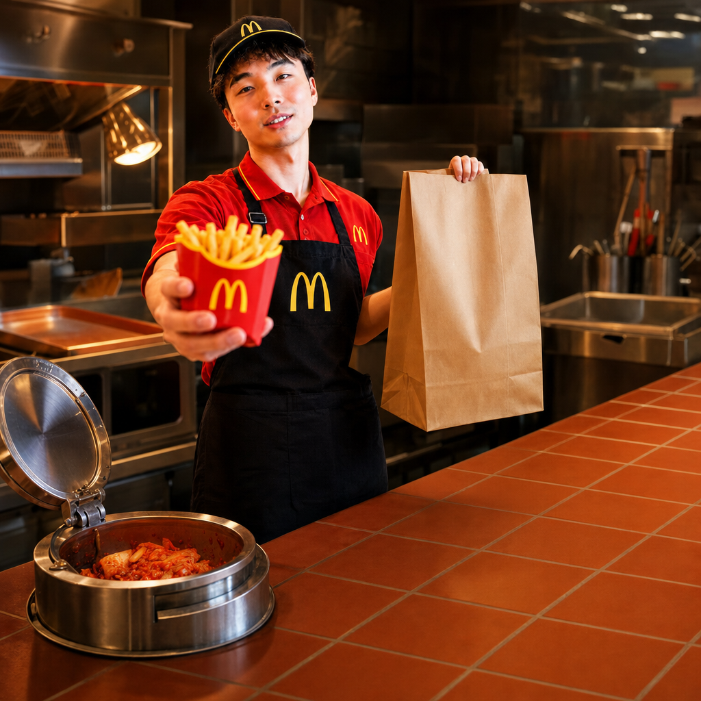 McKimchi in a dark kitchen offering fries and a paper bag, an open steel crock of kimchi on the tiled counter